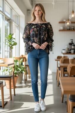 Springfield Floral Sheer Peasant Blouse Long Sleeve EU Size 36